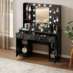 HUANLEGO Vanity Desk with Mirror and Lights, Makeup Vanity with Mirror and LED Lights & Power Outlet, 3 Drawers and Cabinets, 3 Lighting Modes Dressing Table Set for Girls Women Bedroom,Black