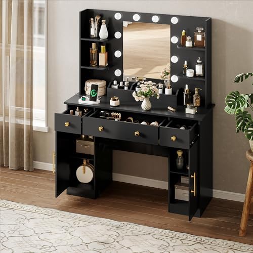 HUANLEGO Vanity Desk with Mirror and Lights, Makeup Vanity with Mirror and LED Lights & Power Outlet, 3 Drawers and Cabinets, 3 Lighting Modes Dressing Table Set for Girls Women Bedroom,Black