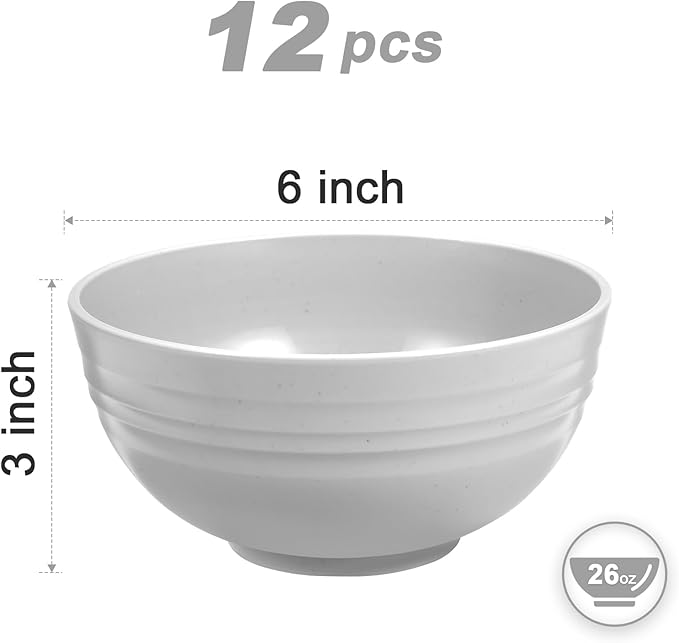 12 Pcs Unbreakable Rice Bowls Set, 26 Oz Wheat Straw Bowls Set, Microwave & Dishwasher Safe Bowl for Kitchen, Reusable Plastic Bowl for Soup, Salad and Snack, BPA Free, White Gray
