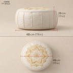 Round Pouf Cover, Premium Leather Ottoman Cover 19in / 48cm, Unstuffed Floor Pouf with Handcrafted Embroidery, Boho Footrest for Living Room, Meditation Cushion, Home Decor (Cream Beige)