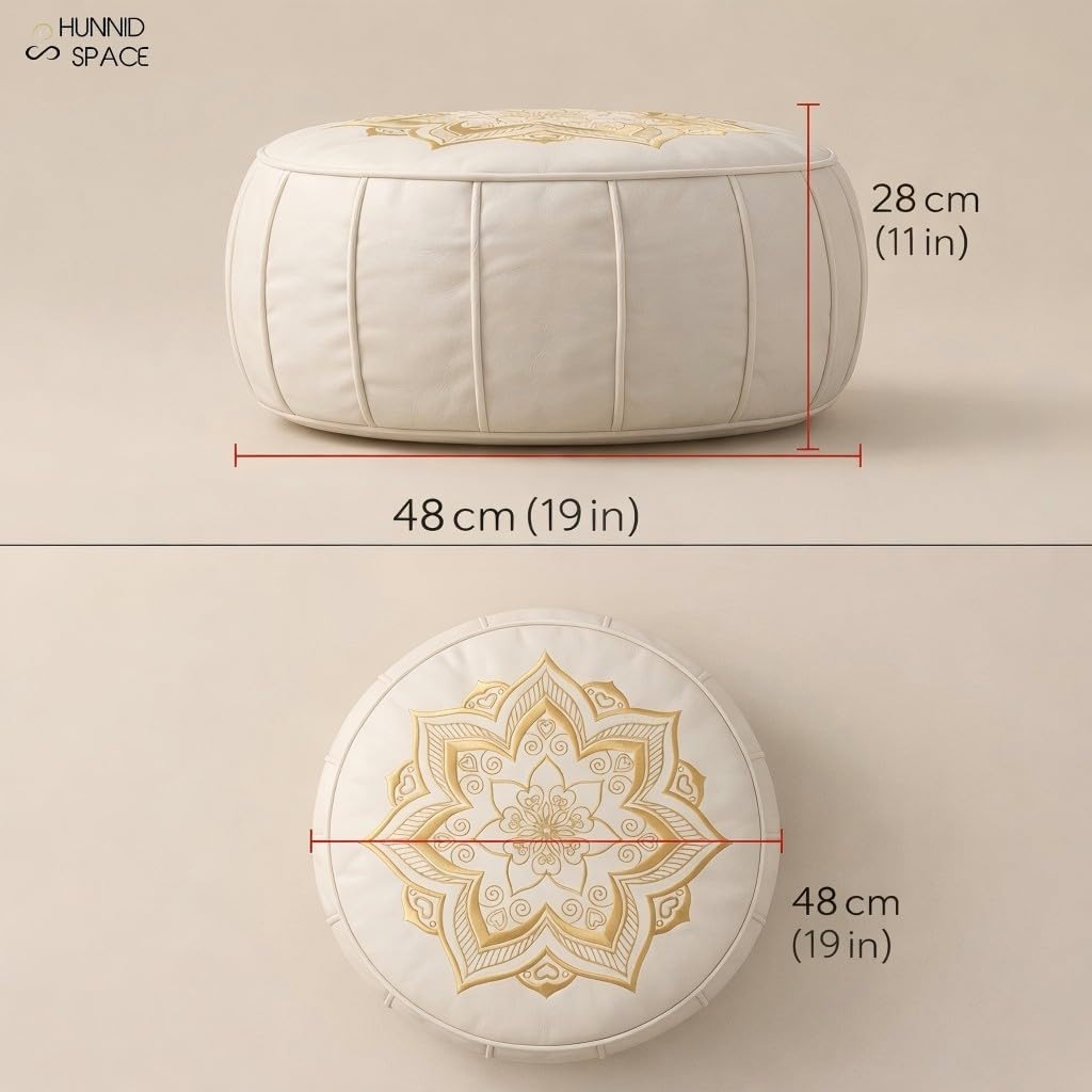 Round Pouf Cover, Premium Leather Ottoman Cover 19in / 48cm, Unstuffed Floor Pouf with Handcrafted Embroidery, Boho Footrest for Living Room, Meditation Cushion, Home Decor (Cream Beige)