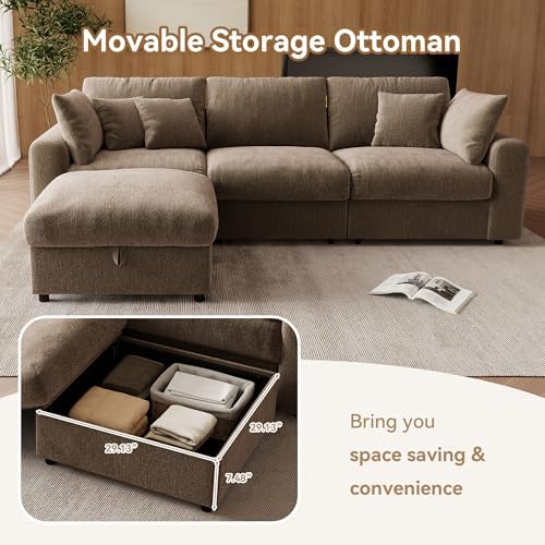 WorthFurni 110” Cloud Sectional Couches for Living Room, Modular Sectional Sofa with Deep Seat, Convertible L-Shape Couch with Storage Ottoman for Bedroom Apartment, Chenille (Brown)
