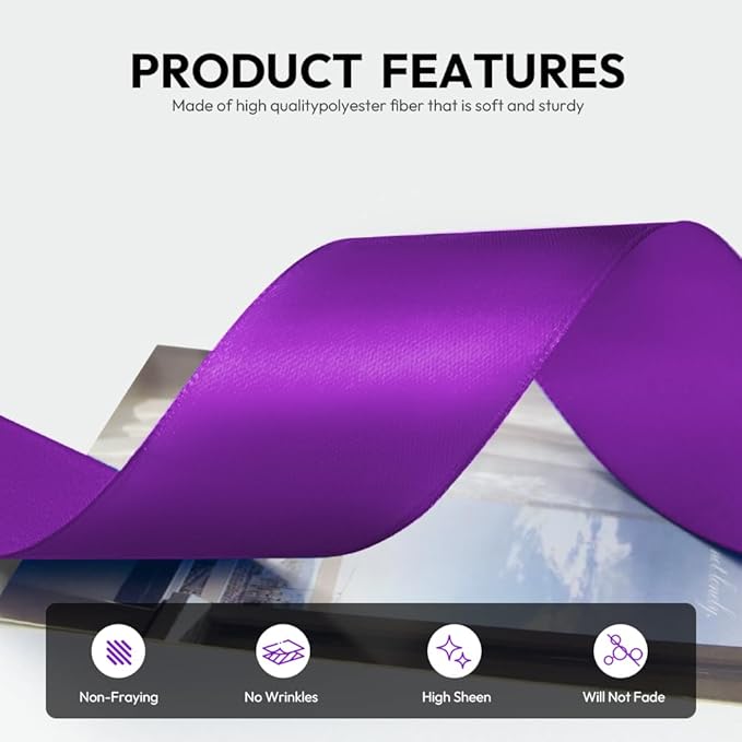 1-1/2 Inch 100 Yards Satin Ribbon Purple, Solid Color Fabric Ribbon for Gift Wrapping, Wedding, Polyester Gift Ribbon for Birthday Party Decoration, Craft, Hair, Floral, Sewing