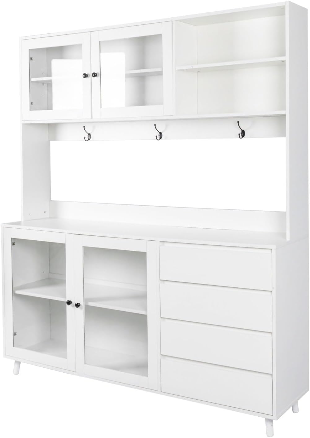 Modern White Kitchen Buffet and Hutch Storage Cabinet with Glass Doors, 4 Drawers, Open Shelves, and Hooks, Multifunctional Sideboard for Dining Room and Kitchen Organization