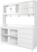 Modern White Kitchen Buffet and Hutch Storage Cabinet with Glass Doors, 4 Drawers, Open Shelves, and Hooks, Multifunctional Sideboard for Dining Room and Kitchen Organization