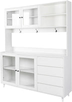 Modern White Kitchen Buffet and Hutch Storage Cabinet with Glass Doors, 4 Drawers, Open Shelves, and Hooks, Multifunctional Sideboard for Dining Room and Kitchen Organization