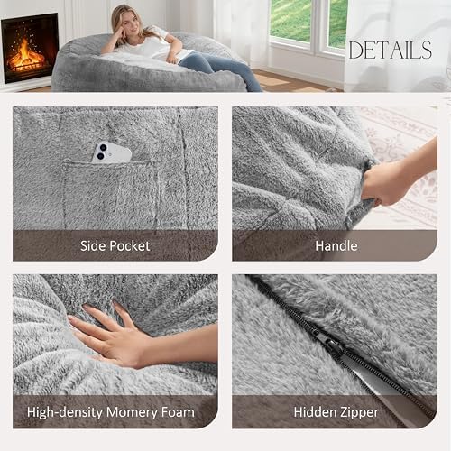 ZurNesfure Bean Bag Chair for Adults,3FT Giant Bean Bag Chair Grey,Medium | Fluffy Bean Bag Chairs with Filler & Machine Washable Cover, Handle, Side Pocket Oversized Beanbag for Living Room, Bedroom
