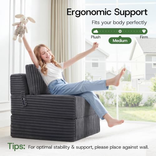 Convertible 4-in-1 Folding Sofa Bed Sleeper Chair Couch Foldable Chaise Lounger & Mattress Pocket Coils+Foam Fill Medium Support, No Assembly for Living Room/Bedroom, Single