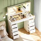 11 Drawers Glass Top Vanity Desk, Crystal Handles Makeup Vanity with Mirror and Lights, Dressing Table with Power Outlet, Adjustable Lighting Modes, White