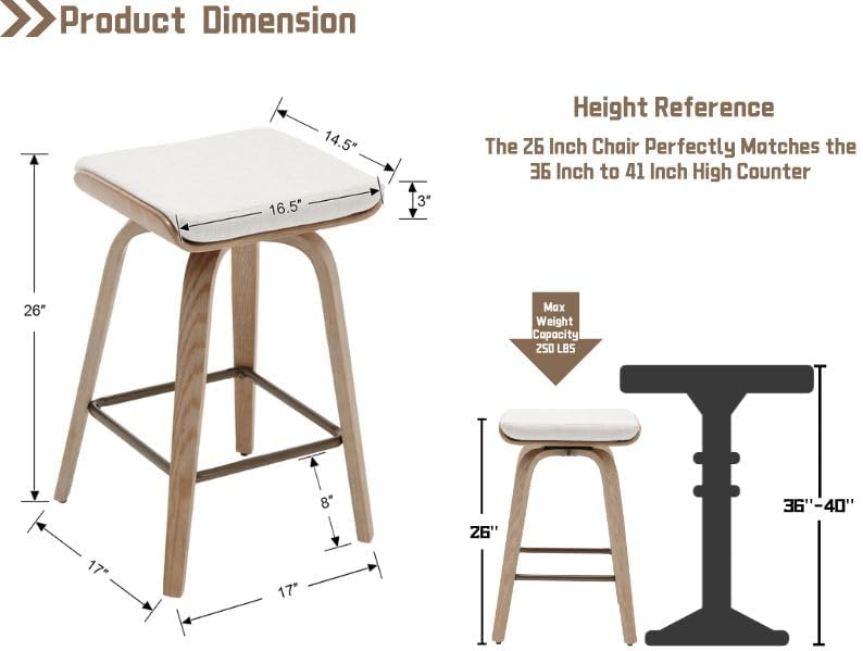 HNY 26" Swivel Bar Stools Set of 4, Backless Counter Height Bar Stools with Removable Linen Cushion, 360° Swivel Wooden Saddle Stools with Footrest for Kitchen Island, Home Bar & Small Spaces
