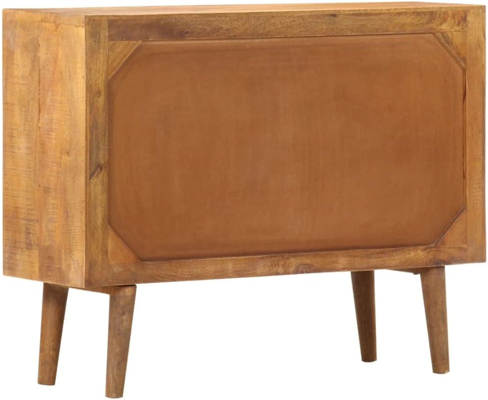 Mid-Century Modern Sideboard with Six Large Drawers, Solid Mango Wood and MDF Medium, Brown Printed Patterns Geometric Designs for Living Dining Room Storage