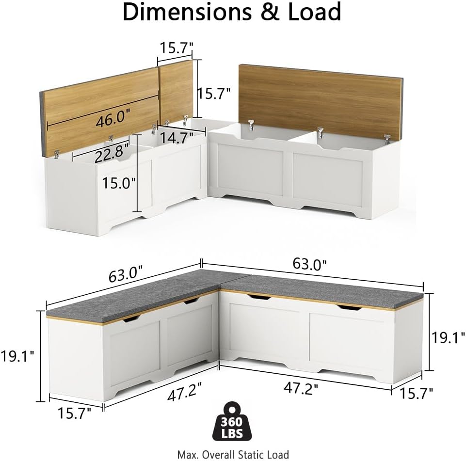 63" Farmhouse L-Shaped Bench with Cushion, Breakfast Nook Benches with Hidden Storage, Kitchen Corner Dining Bench Seating for Entryway, Dining Room Kitchen, Oak and White