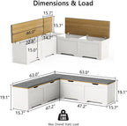 63" Farmhouse L-Shaped Bench with Cushion, Breakfast Nook Benches with Hidden Storage, Kitchen Corner Dining Bench Seating for Entryway, Dining Room Kitchen, Oak and White