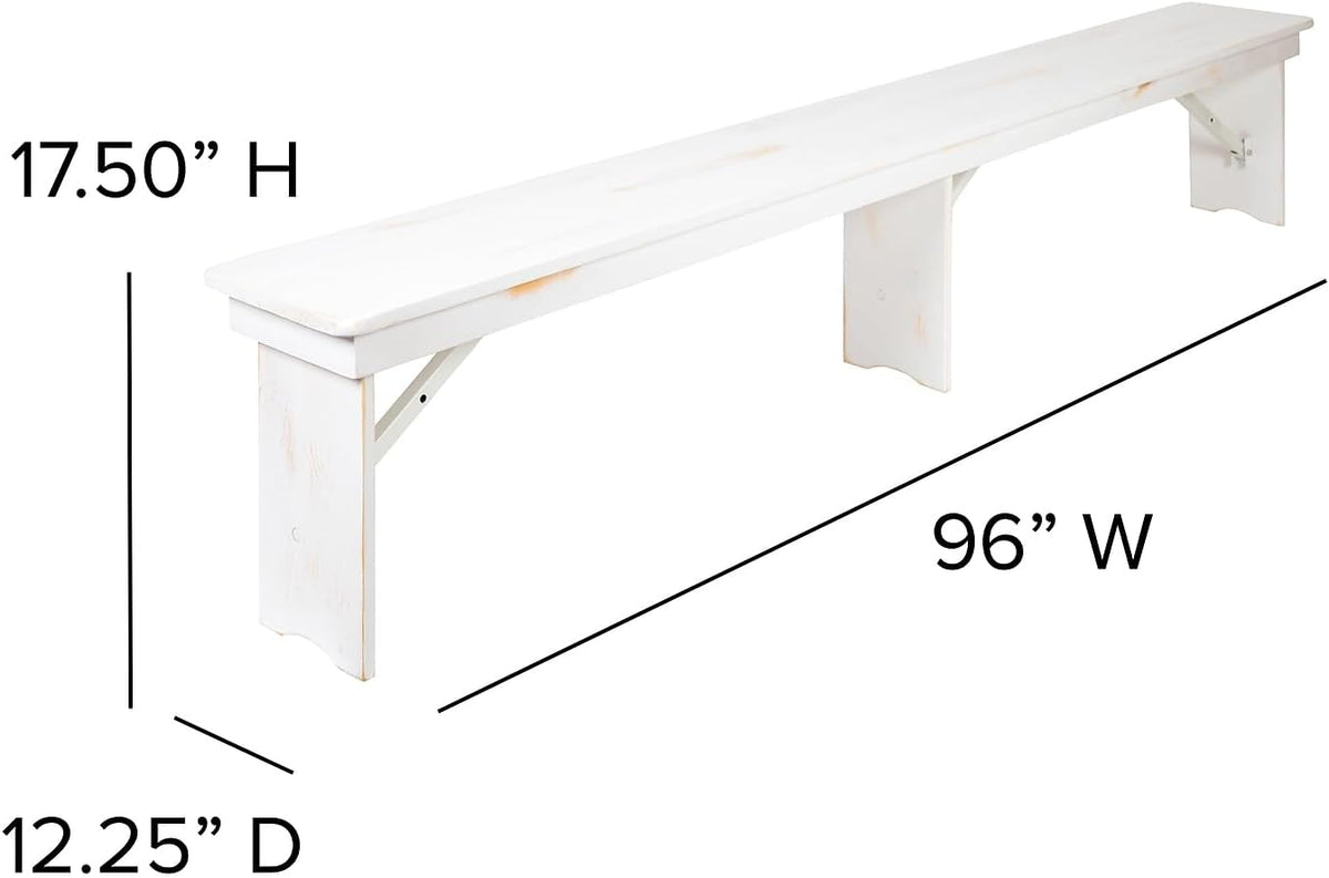 Flash Furniture Hercules Commercial Grade Farmhouse 3 Leg Bench - Solid Pine Foldable Bench with Seating for 4 - 8'x12" - Antique Rustic White