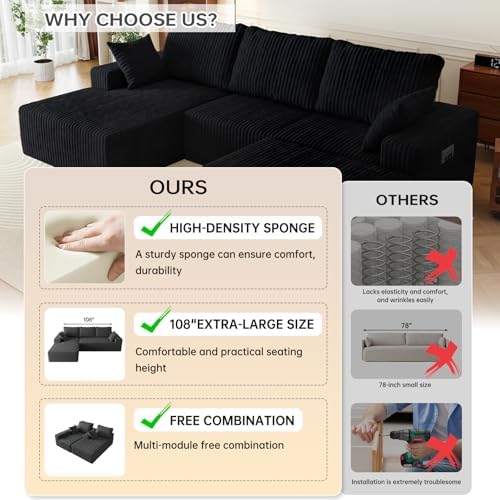 108" U-Shape Modular Sectional Cloud Couch with Ottoman, Deep Seat Couch with Oversized Chaise Lounge, Comfy Flannel Fabric Sofa for Living Room Bedroom Apartment Game Room Basement