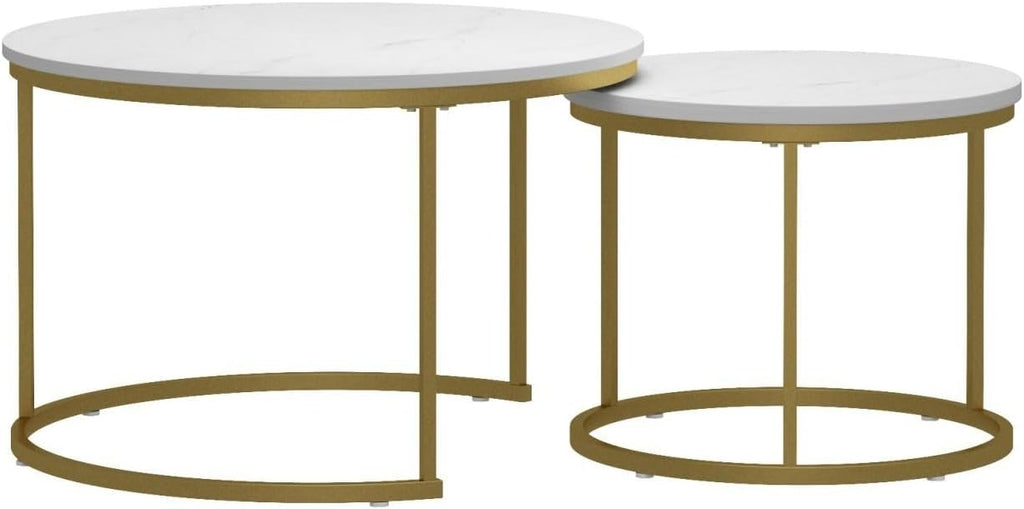 Nesting Coffee Table Set of 2, Round Tables with Marble Pattern MDF Top | Space-saving nested design, 120 LBS load capacity, luxury marble-look finish, gold metallic base, quick 10-min assembly