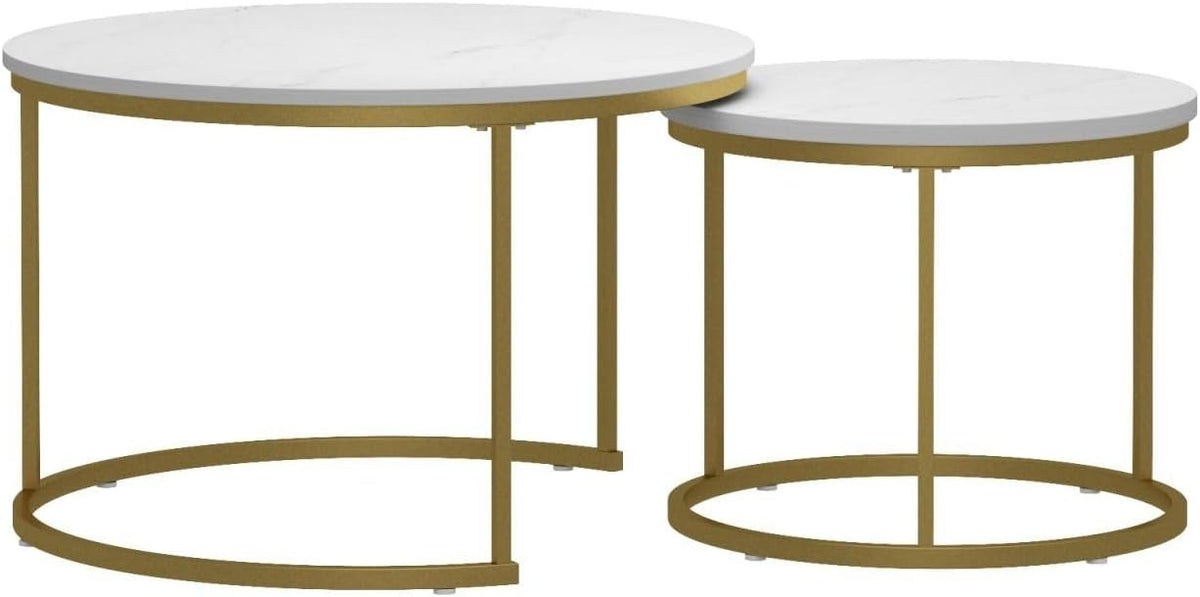 Nesting Coffee Table Set of 2, Round Tables with Marble Pattern MDF Top | Space-saving nested design, 120 LBS load capacity, luxury marble-look finish, gold metallic base, quick 10-min assembly