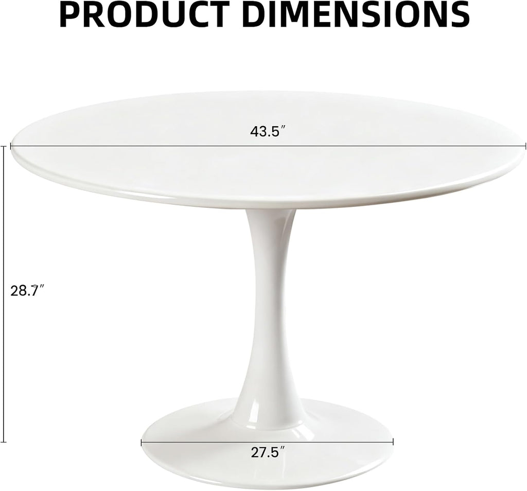 43.5" Tulip Table, Round Dining Table with Thickened Tabletop & Metal Pedestal, Mid Century Modern Bistro Circle Table for Kitchen, Small Places, Living Room, Cafe (White)