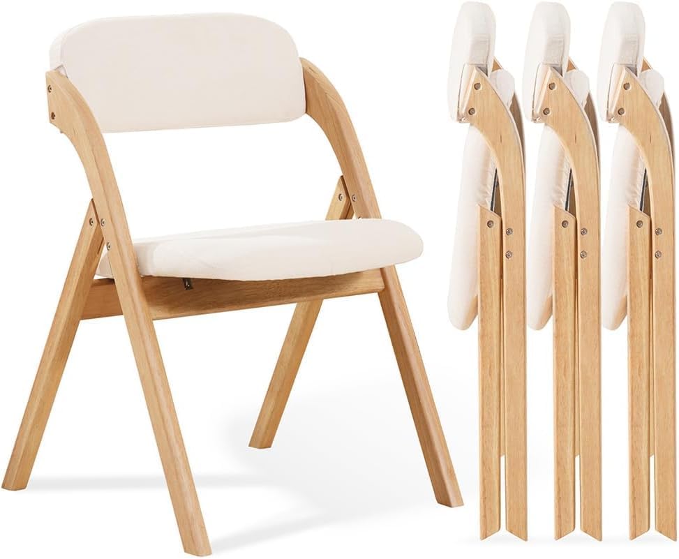 Folding Chairs with Cushion Set of 4,Linen Padded Foldable Dining Chairs, Raw Wooden Folding Dining Chairs, for Dining Rooms, Wedding Parties, Offices Indoor Outdoor Beige