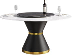Montary 59” Modern Round Dining Table for 8, Artificial Marble Kitchen Table with Carrara White Sintered Stone Tabletop & Black Gold Lazy Susan, Black Slim Waist Carbon Steel Base