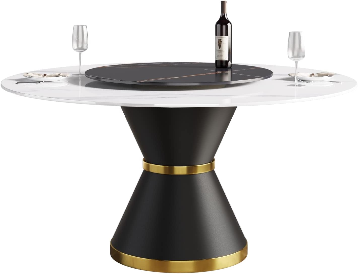Montary 59” Modern Round Dining Table for 8, Artificial Marble Kitchen Table with Carrara White Sintered Stone Tabletop & Black Gold Lazy Susan, Black Slim Waist Carbon Steel Base