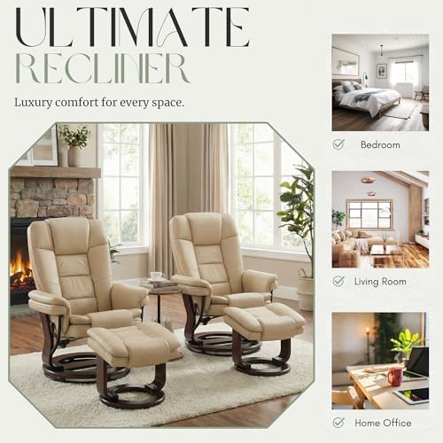 Swivel Recliner Chair with Ottoman Reclining Lounge Sofa Footrest, Set of 1 | 360°Sturdy Wood Base, Soft Faux Leather, Upholstered Ultra-Plush Foam, Modern Armchair, Living Room Bedroom Office Reading