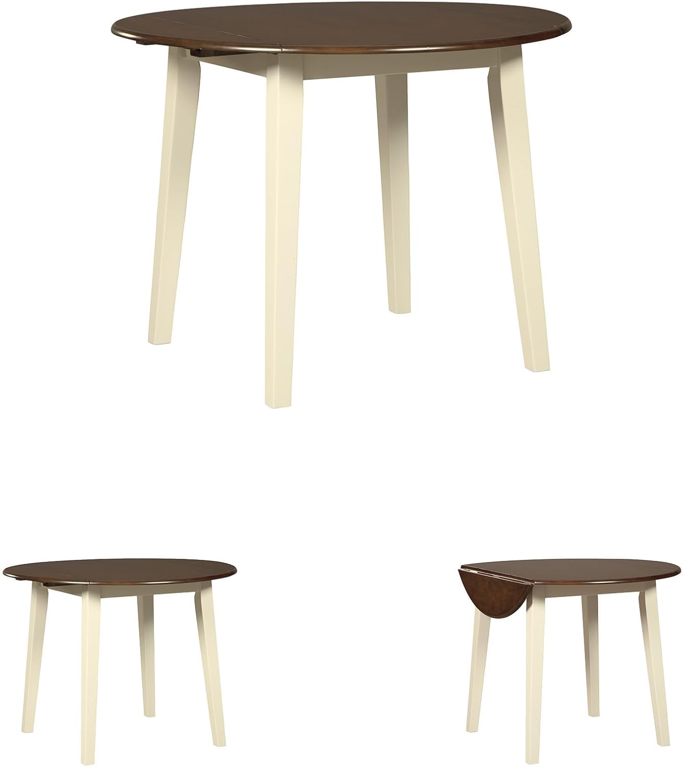 BOWERY HILL Round Drop Leaf Dining Table, 40" Wood, Cream and Brown Two-Tone Finish, Modern Cottage Style, Compact Kitchen or Dining Room Table