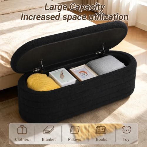 Teddy Sherpa Oval Black Ottoman with Storage, 45.5-inch Bench | Teddy Upholstered Window Bench Hidden Storage, Safety Hinge and Seating, for Living Room, Bedroom, Small Apartment