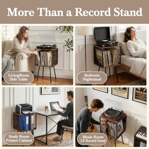 Faesun Record Player Stand with Storage Holds 100+ Vinyl Records, Industrial Turntable Stand with Storage Shelf, LP Album Organizer Cabinet for Small Spaces, Walnut End Table