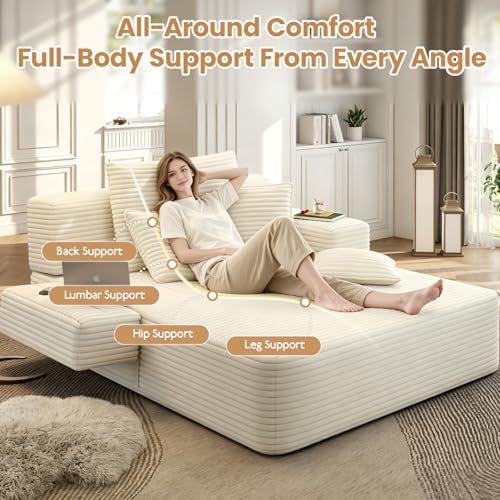 60.2 Inch Chaise Lounge Chair Indoor, Oversized Chaise Lounge with Adjustable Backrest and Armrests, Luxurious Corduroy Convertible Sofa Bed with Storage Pocket for Small Spaces, Apartment (Beige)