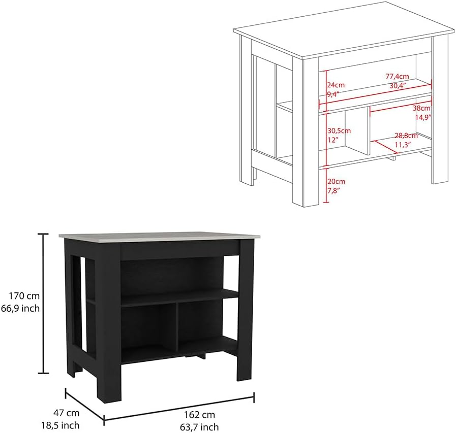 Kitchen Island Dozza with Three Shelves Black and Ibiza Marble Finish | Three storage shelves with varying dimensions for organized kitchen storage
