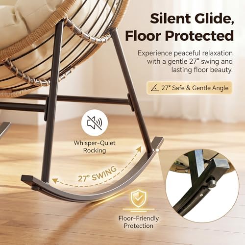 NICESOUL Outdoor Rocking Papasan Chair Set of 2 with Cushions, Comfy Oversized Padded Rockers, 2 Person Wicker Egg Gliders, 450Lbs Wide Recliner Lounge for Bedroom, Living Room, Porch, Balcony, Grey