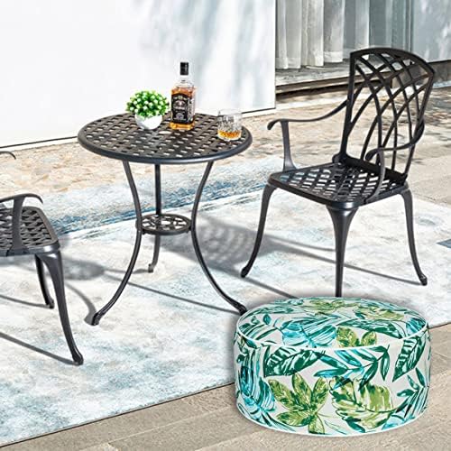 Inflatable Outdoor Ottoman,20"x9" Portable Patio Pouf,Water Resistant,Fade-Resistant,Round Blow Up Footrest Stools for Home Garden Camping Travel(Palm Leaf)