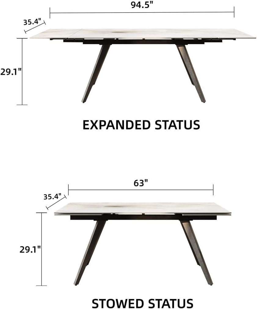 Extendable Dining Table with Leaf, 78"-110" Rectangular Sintered Stone, Marble-Look Top, Seats 6-14, Metal Base, Easy-Clean, Heat & Scratch Resistant, Dining Room/Kitchen Table for Family Gatherings