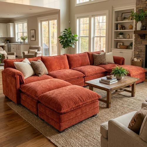 ELUCHANG 153" Oversized Modular Sectional Sofa, Comfy Chenille Cloud Couch, 7-Seater U Shaped Modern Deep Seat Sofa w/Removable Covers for Living Room, Bedroom, DIY Combination - Terracotta