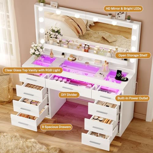 FINOESO Large Vanity Desk with Mirror and Lights, 3-Color LED, Makeup Vanity with Clear Glass Top & RGB Light, Vanity Table with 9 Drawers, Open Shelf, Power Outlet, Vanity for Women Bedroom, White