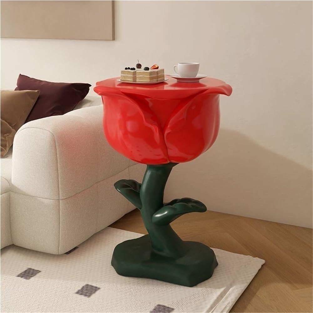 Romantic Rose-Shaped Side Table, Resin Bedside Table with Round Corner, Multi-Functional End Table, Decorative Table for Living Room, Bedroom