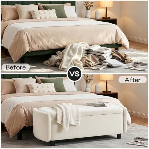 Furniliving 46.5‘’ Chenille Storage Bench, Button-Tufted Upholstered Storage Ottoman Bench with Safety Hinge, End of Bed Bench for Bedroom Entryway Living Room, Beige