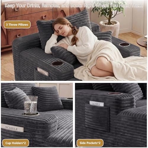 65" Oversized Chaise Lounge Chair Indoor, Chaise Lounge Chair with Cup Holders Side Pockets 3 Pillows, Cloud Corduroy Chaise Sofa Bed Sleeper Couches for Living Room No Assembly Require,Grey