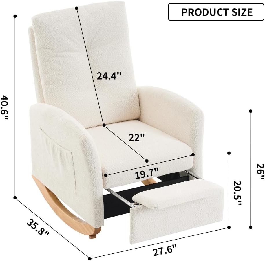 Chair with Footrest High Back Rubber Wood Rocking Legs Bedroom Living Space (Beige + Wood)