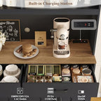 HOSTACK 75" Tall Kitchen Pantry Storage Cabinet, 45" W Hutch Cabinet, Black | Farmhouse Pantry Cabinet with Charging Station / LED Lights / Countertop, Wood Kitchen Hutch with 2 Drawers for Dining Room
