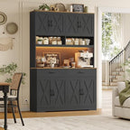 HOSTACK 75" Tall Kitchen Pantry Storage Cabinet, 45" W Hutch Cabinet, Black | Farmhouse Pantry Cabinet with Charging Station / LED Lights / Countertop, Wood Kitchen Hutch with 2 Drawers for Dining Room