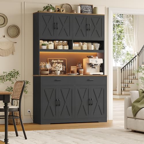 HOSTACK 75" Tall Kitchen Pantry Storage Cabinet, 45" W Hutch Cabinet, Black | Farmhouse Pantry Cabinet with Charging Station / LED Lights / Countertop, Wood Kitchen Hutch with 2 Drawers for Dining Room