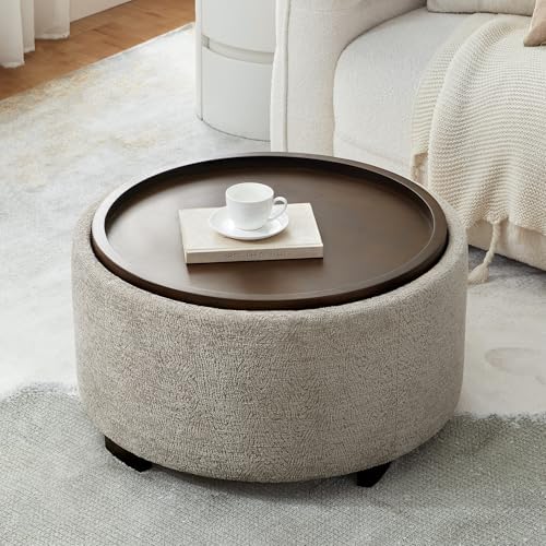 Zihanhome 30 Inch Round Storage Ottoman, Ottoman Coffee Table with Lift Off Lid, Boucle Modern Ottomans with Storage for Living Room, Bedroom, Apartments (Light Brown Striped)