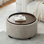 Zihanhome 30 Inch Round Storage Ottoman, Ottoman Coffee Table with Lift Off Lid, Boucle Modern Ottomans with Storage for Living Room, Bedroom, Apartments (Light Brown Striped)