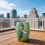 Hand-Painted Floral Bird Ceramic Drum Stool - Oriental Artistry Storage Ottoman, Accent Seat, End Table (Peacock‘s Majestic Bloom（Green）)