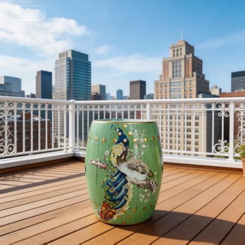 Hand-Painted Floral Bird Ceramic Drum Stool - Oriental Artistry Storage Ottoman, Accent Seat, End Table (Peacock‘s Majestic Bloom（Green）)