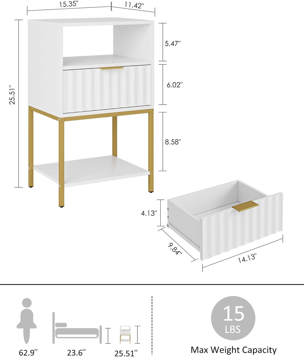 Nightstand,Modern Bedside Table with One Drawer and Two Shelf，White Night Stand，Tall End Table with Gold Frame for Bedroom,Living Room,Wave