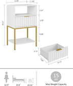 Nightstand,Modern Bedside Table with One Drawer and Two Shelf，White Night Stand，Tall End Table with Gold Frame for Bedroom,Living Room,Wave