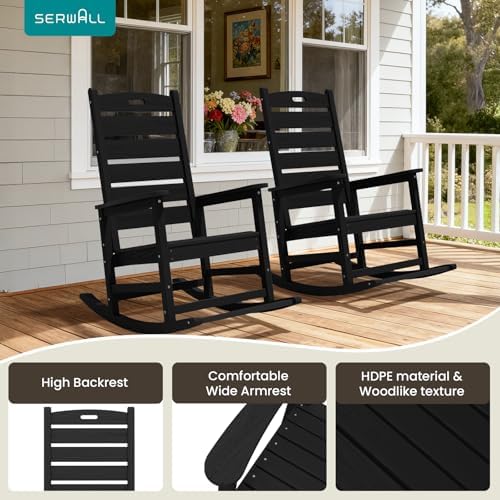 SERWALL Outdoor Rocking Chair Set of 2, Oversized HDPE Rocker, Black | Heavy Duty Front Porch Rocker with Footrest, all Weather Porch Rocker for Deck Patio Balcony, 350lbs Weight Capacity
